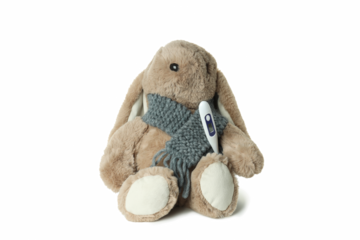 Toy rabbit with digital thermometer isolated on white background, PNG