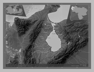Zulia, Venezuela. Grayscale. Labelled points of cities