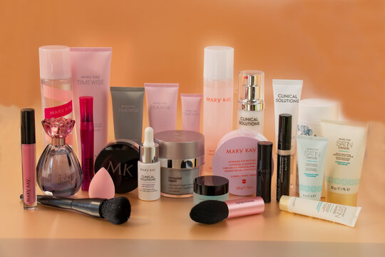 Latvia - 03.2023: a set of cosmetics Mary Kay Cosmetics, for the care of a beautiful skin of a woman. Mary Kay is based in Addison, Texas