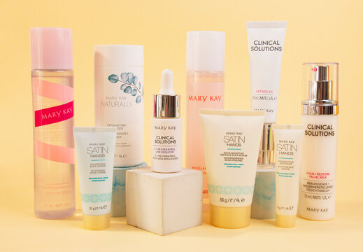 atvia - 03.2023: New Mary Kay Cosmetics cosmetics, for the care of the skin of the face of the woman's hands. Mary Kay is based in Addison, Texas