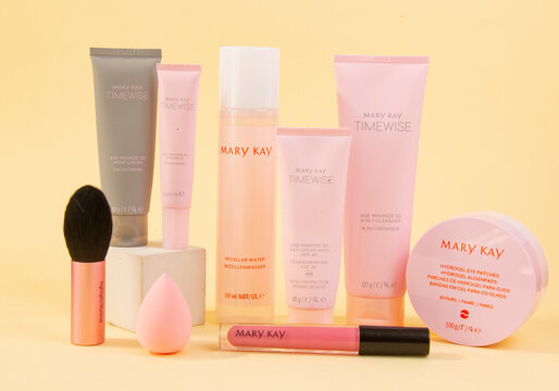 atvia - 03.2023: New Mary Kay Cosmetics cosmetics, for the care of the skin of the face of the woman's hands. Mary Kay is based in Addison, Texas