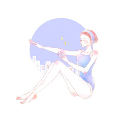 腕をマッサージする女性　街並み