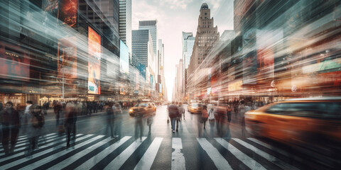 Naklejka premium Multiple exposure of fast paced city life. Generative AI