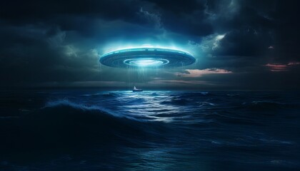 image of an illuminated UFO spaceship hovering over a stormy ocean. Generative ai