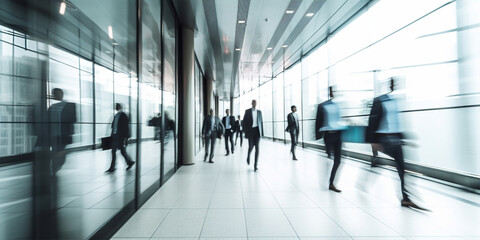 Multiple exposure rush of busy people against the backdrop of the interior of office buildings. Generative AI