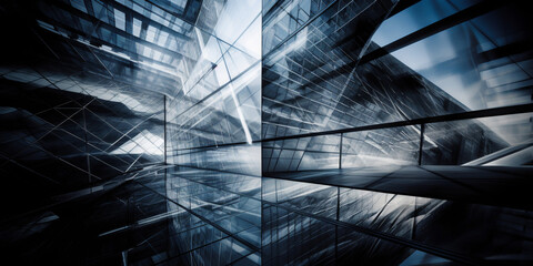Multiple exposure of office buildings, exteriors and architecture reflecting the fast-paced business atmosphere in an ever-evolving and changing business world. Generative AI