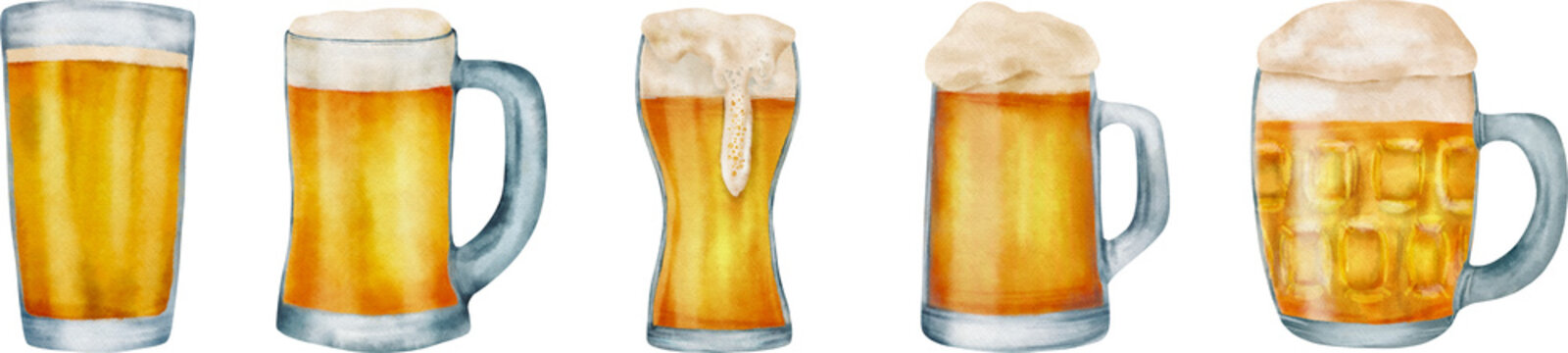 glass bootle m,ug of beer craft alcohol drink elements  bar pub  watercolor illustration  for logo banner print