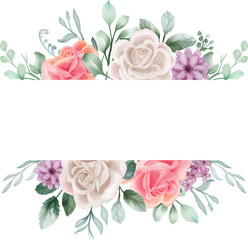 Rose white and pink Watercolor floral frame. Luxurious floral elements, botanical background or wallpaper design, prints and invitations, and postcards.Print