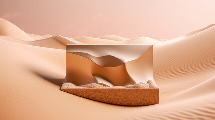Fototapeta na wymiar Desert landscape with pedestal showcase ,sand and sky.Use for product presentation and banner.Generative AI