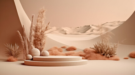 Desert landscape with pedestal showcase ,sand and sky.Use for product presentation and banner.Generative AI