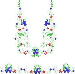 Neck Embroidery Designs.Floral pattern on collar, neck print. 
Abstract hand drawn floral ornament. Vector illustration.