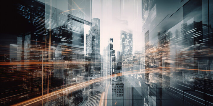 Multiple exposure of office buildings, exteriors and architecture reflecting the fast-paced business atmosphere in an ever-evolving and changing business world. Generative AI 