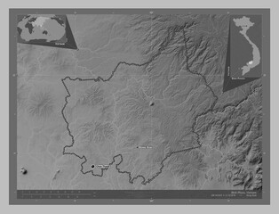 Binh Phuoc, Vietnam. Grayscale. Labelled points of cities