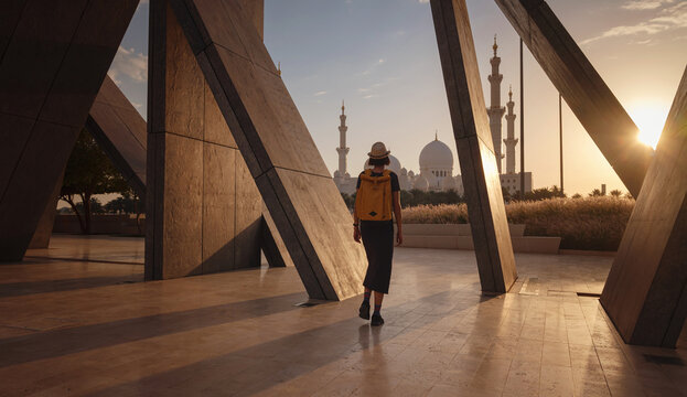 travel to the United Arab Emirates, Happy young asian female traveler with backpack and hat in Wahat Al Karama or Oasis of Dignity, permanent memorial for its martyrs, and Shaikh Zayed Grand Mosque.