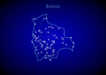 Bolivia concept map with glowing cities and network covering the country, map of Bolivia suitable for technology or innovation or internet concepts.