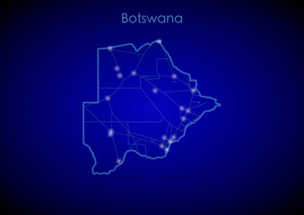 Botswana concept map with glowing cities and network covering the country, map of Botswana suitable for technology or innovation or internet concepts.