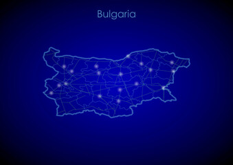 Bulgaria concept map with glowing cities and network covering the country, map of Bulgaria suitable for technology or innovation or internet concepts.