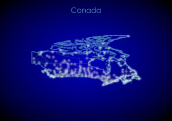 Canada concept map with glowing cities and network covering the country, map of Canada suitable for technology or innovation or internet concepts.