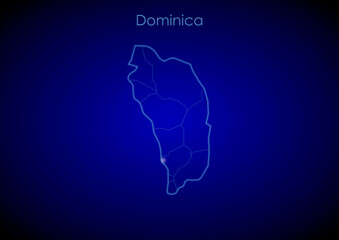 Dominica concept map with glowing cities and network covering the country, map of Dominica suitable for technology or innovation or internet concepts.