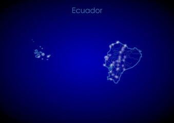 Ecuador concept map with glowing cities and network covering the country, map of Ecuador suitable for technology or innovation or internet concepts.