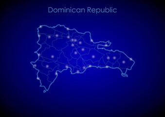 Dominican Republic concept map with glowing cities and network covering the country, map of Dominican Republic suitable for technology or innovation or internet concepts.