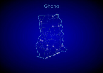 Ghana concept map with glowing cities and network covering the country, map of Ghana suitable for technology or innovation or internet concepts.
