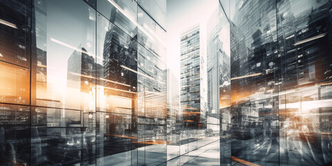 Fototapeta na wymiar Multiple exposure of office buildings, exteriors and architecture reflecting the fast-paced business atmosphere in an ever-evolving and changing business world. Generative AI