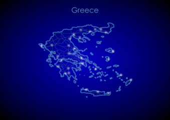 Greece concept map with glowing cities and network covering the country, map of Greece suitable for technology or innovation or internet concepts.