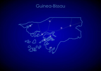 Guinea-Bissau concept map with glowing cities and network covering the country, map of Guinea-Bissau suitable for technology or innovation or internet concepts.