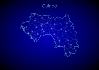Guinea concept map with glowing cities and network covering the country, map of Guinea suitable for technology or innovation or internet concepts.