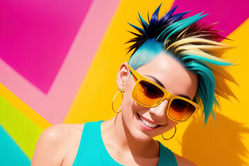 Portrait of a woman with colorful mohawk hair and sunglasses on a abstract painted background, summer vibrancy. Generative AI.