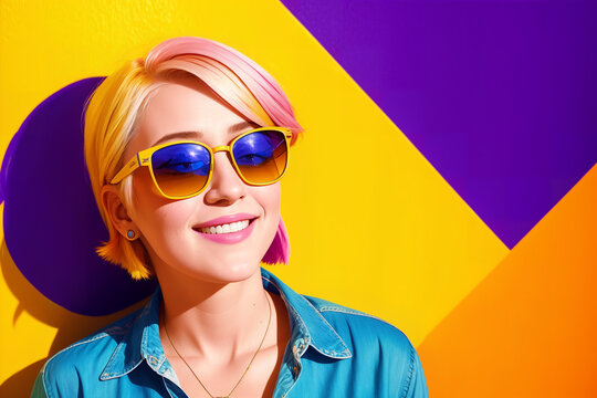 Portrait of a woman with golden hair and sunglasses on a abstract painted background, summer vibrancy. Generative AI.