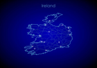 Ireland concept map with glowing cities and network covering the country, map of Ireland suitable for technology or innovation or internet concepts.