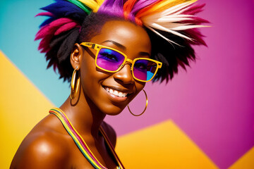 Portrait of an african woman with colorful hair and sunglasses on abstract painted background, summer vibrancy. Generative AI.