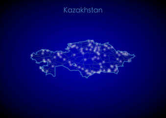 Kazakhstan concept map with glowing cities and network covering the country, map of Kazakhstan suitable for technology or innovation or internet concepts.