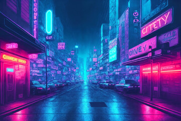 The street of the night city, a futuristic city in the rain, skyscrapers, cars and random people, in the fog. Generative AI. - obrazy, fototapety, plakaty