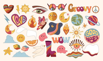 Groovy retro isolated clip art bundle, 70s nostalgia old fashioned aesthetic, stylized heart, peace symbol, planets and rainbow, design elements vector kit
