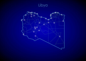 Libya concept map with glowing cities and network covering the country, map of Libya suitable for technology or innovation or internet concepts. - obrazy, fototapety, plakaty