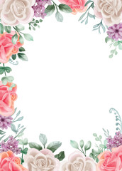 Rose white and pink Watercolor floral frame. Luxurious floral elements, botanical background or wallpaper design, prints and invitations, and postcards.