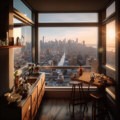 modern living room, 3D render, skyscraper