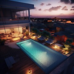 swimming pool at night in a big modern house