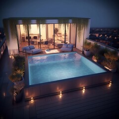 pool at night in a modern minimalistic house, 3D render