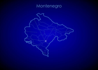 Montenegro concept map with glowing cities and network covering the country, map of Montenegro suitable for technology or innovation or internet concepts.