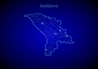Moldova concept map with glowing cities and network covering the country, map of Moldova suitable for technology or innovation or internet concepts.