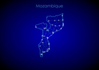Mozambique concept map with glowing cities and network covering the country, map of Mozambique suitable for technology or innovation or internet concepts.