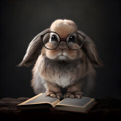 Cute rabbit with eyeglasses and book about bedtime stories.