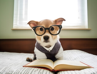 Cute puppy with book about bedtime stories.