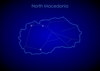 Obraz premium North Macedonia concept map with glowing cities and network covering the country, map of North Macedonia suitable for technology or innovation or internet concepts.