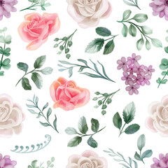 PrintRose white and pink Watercolor floral seamless pattern. Luxurious floral backgrounds, textile or wallpaper design, prints and invitations, and postcards.