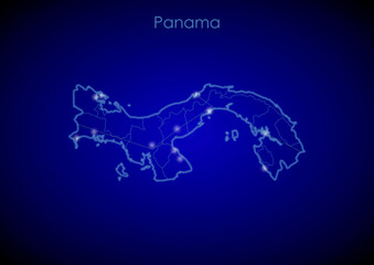 Panama concept map with glowing cities and network covering the country, map of Panama suitable for technology or innovation or internet concepts.